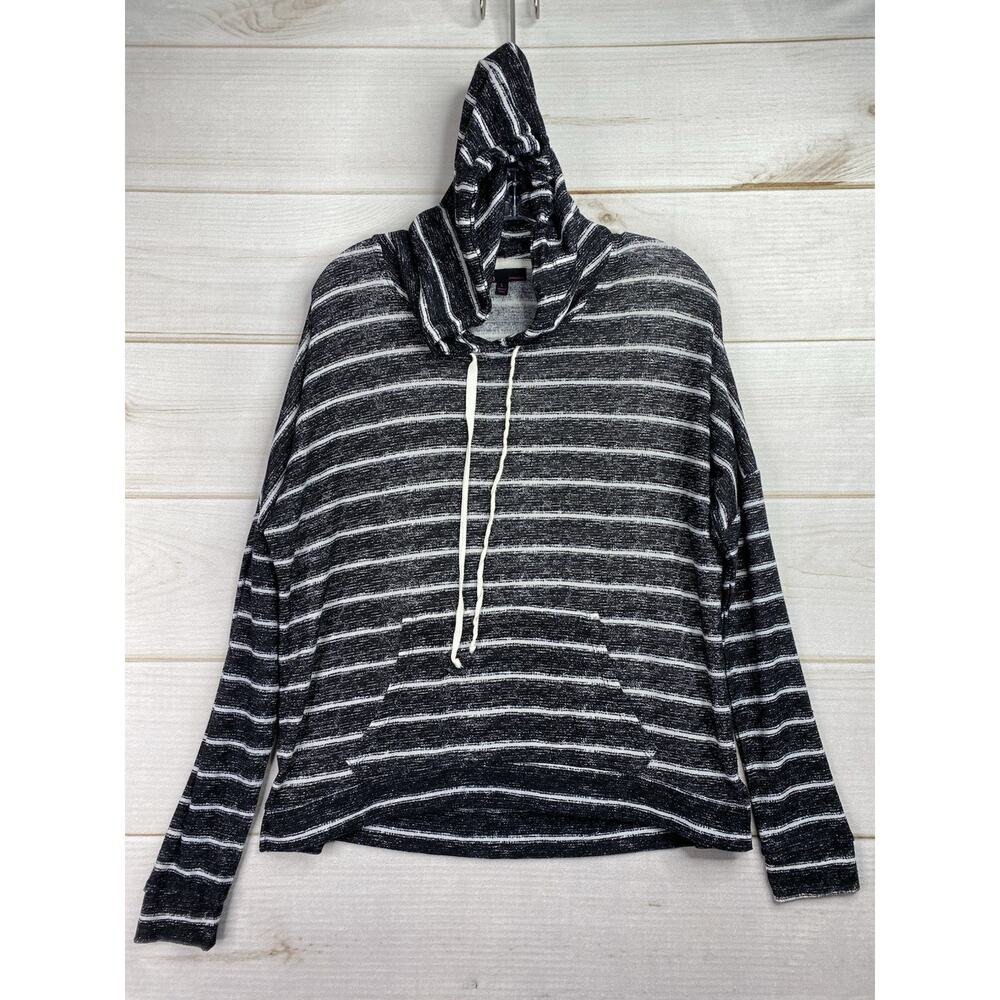 T/o Sweater Womens L Black White Stripe Hooded Lightweight Knit Long Sleeve Y2K